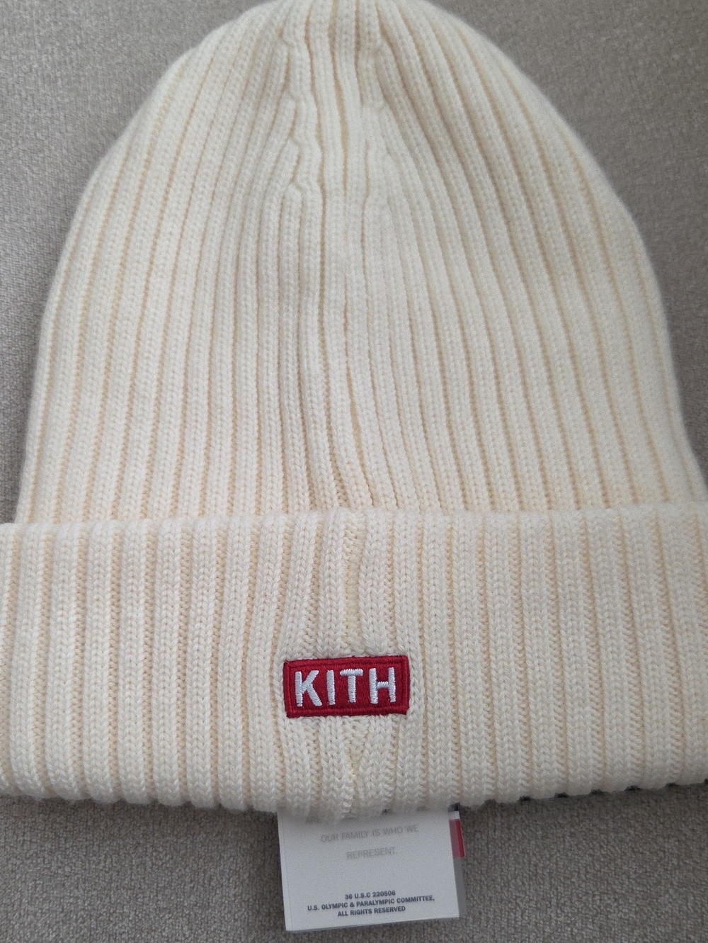 Kith Kids Cream Ribbed Beanie with Red Logo